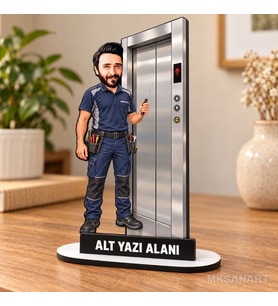 Kişiye Özel Asansör Ustası Karikatürlü 18 cm MDF Masaüstü Biblo - Asansör Ustası Hediyesi Yeni İş ve Meslek Hediyesi