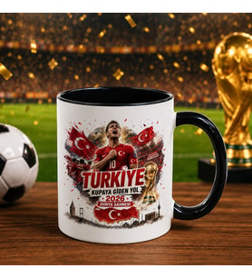 BK Gift Türkiye Taraftar Temalı Dünya Futbol Kupası Tasarımlı Siyah Kupa Bardak-3 Tek Yürek Milli Takım Ruhu