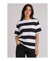 Çizgili Oversize Tişört Bisiklet Yaka Kısa Kol Yazlık T-Shirt - Siyah