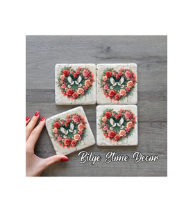 bilge tasarım Stone Decor Taş Bardak Altlığı 4'lü Set 10x10x1 Cm desenli