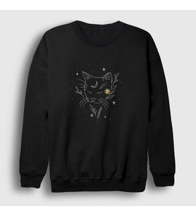 Presmono Unisex Siyah Moon Cat Space Uzay Sweatshirt 283101tt