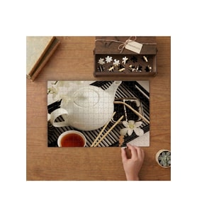 Japon Çayı- Beyaz Çiçekler Tasarımı 240 parça Ahşap Puzzle Ahşap Kutuda MP00356