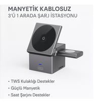 Manyetik Kablosuz 3’ü 1 Arada Şarj İstasyonu 15W Hızlı Şarj, Telefon, Kulaklık ve Akıllı Saat Uyumlu