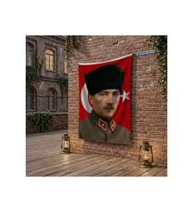 Askeri Üniformalı Atatür ve Türk Bayrağı poster Bayrak Raşel Kumaş 100x150 cm ATA80