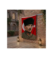 Askeri Üniformalı Atatür ve Türk Bayrağı poster Bayrak Raşel Kumaş 100x150 cm ATA80