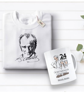BK Gift Kişiye Özel Öğretmenler Günü Tasarımlı Kupa Bardak ve Atatürk Baskılı Tişört Hediye Seti- 2-18, Öğretmene Hediye, Öğretmenler Günü, 100. Yıl Hediyesi