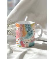 Renkli Soyut Desenli 330ml Baskılı Beyaz Seramik Kupa Bardak