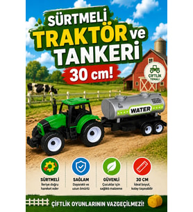 30 cm Su Tankerli Traktör Seti Sürtmeli Oyuncak Çiftlik Aracı 3+ Yaş