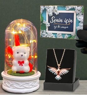 Renkli Zümrüdü Anka Kuşu Kolye ve Led Işıklı Fanus Hediye Seti (Model 7)