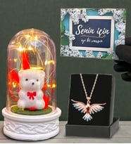 Renkli Zümrüdü Anka Kuşu Kolye ve Led Işıklı Fanus Hediye Seti (Model 7)