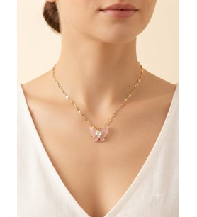 Pembe Kelebek ve Kalp Figürlü Gold Kolye