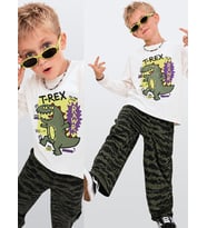 Erkek Çocuk Takım Dinozor Baskılı %100 Pamuk T-shirt ve Pantolon (3-8 Yaş)