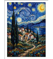 Yıldızlı Gece Köy Manzarası Van Gogh Dekoratif Kanvas - Mdf Ahşap Tablo