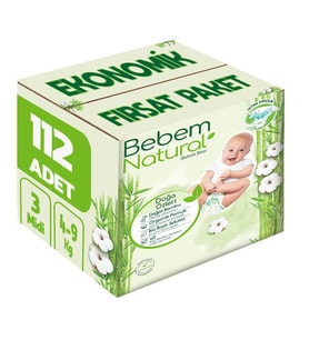 Bebem Bebek Bezi Natural Beden:3 (4-9Kg) Midi 112 Adet Ekonomik Fırsat Pk