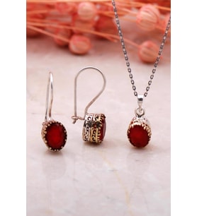 Kök Yakut Elişi Gümüş İkili Set 2328-Oval (Gümüş - Altın)