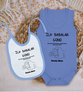 BK Kids Kişiye Özel İlk Babalar Günü Tasarımlı Mavi %100 Pamuklu Askılı Sıfır Kol Bebek Body Zıbın ve Mama Önlüğü Hediye Seti