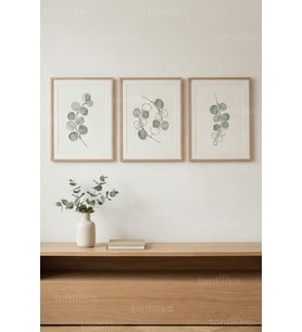 Soft Botanical Çizgiler 3’lü Ahşap Çerçeveli Tablo Seti – Minimal Doğa Duvar Dekoru