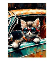 Retro Araba ve Gözlüklü Kedi Modern Mdf Tablo