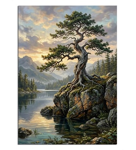 Göl Kayasında Yalnız Bonsai Ağacı Dekoratif Kanvas - Mdf Ahşap Tablo