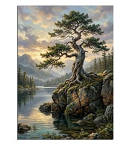 Göl Kayasında Yalnız Bonsai Ağacı Dekoratif Kanvas - Mdf Ahşap Tablo