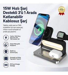 15W Hızlı Sarj Destekli 3'ü 1 Arada Katlanabilir Manyetik Kablosuz Şarj Cihazı Telefon Akıllı Saat ve TWS Kulaklık Şarj Standı
