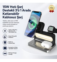 15W Hızlı Sarj Destekli 3'ü 1 Arada Katlanabilir Manyetik Kablosuz Şarj Cihazı Telefon Akıllı Saat ve TWS Kulaklık Şarj Standı
