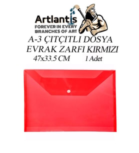 A3 Çıtçıtlı Dosya Kırmızı 1 Adet A-3 Çıt çıtlı Zarf Dosya Transparan 47x33.5 cm Büyük Boy Çıtçıtlı Dosya