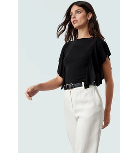 Örme Crop Bluz Bisiklet Yaka Fırfırlı Kollar Rahat Kalıp Ve Şık Konforlu Kesim (Siyah)