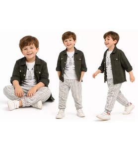 Northcity 2-6 Yaş Müslin Gömlekli Tişörtlü 3lü Çocuk Takımı - Anti-Alerjik ve Rahat Giyim