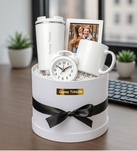 Kişiye Özel Fotoğraflı Çerçeve,Masa Saati,Fincan Ve Termos Premium Silindir Kutu Hediye Seti (STD)