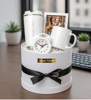 Kişiye Özel Fotoğraflı Çerçeve,Masa Saati,Fincan Ve Termos Premium Silindir Kutu Hediye Seti (STD)