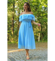 Neşeli butik kadın bebe mavisi kuşaklı madonna yaka baby shower elbise NB8060