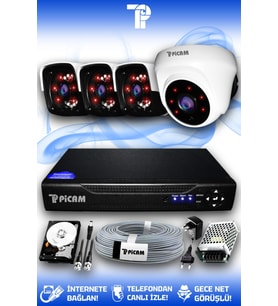 PICAM 4 Kameralı Panda 1 İç Kamera Set 2 TB HDD Full HD Gece Görüşlü Güvenlik Kamerası Sistemi