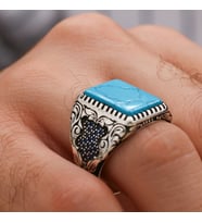 Otantik Motifli Firuze Taşlı 925 Ayar Gümüş Erkek Yüzük