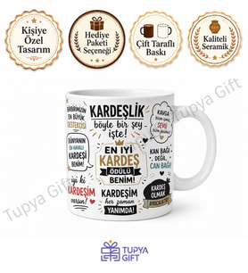 Kardeşe Hediye Komik Yazılı Kişiye Özel Baskılı Kupa Bardak Porselen Mug