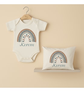 Pia Baby Premium %100 Pamuk İsme Özel Organik Baskılı Çıtçıtlı Bebek Body Ve Yastık Kılıfı 5073-19 (Ekru)