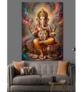 Hint Tanrısı Ganesha Altın Heykel Dekoratif Kanvas - Mdf Ahşap Tablo