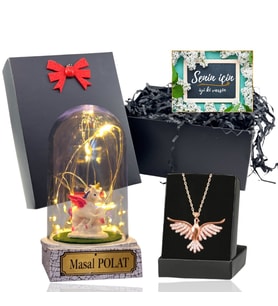 Kişiye Özel Hediye Seti Led Işıklı Unicornlu Fanus ve Anka Kuşu Kolye (Model 1)