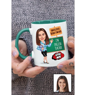 Kadın İngilizce Öğretmenine Hediye Karikatürlü Yeşil Kupa Bardak
