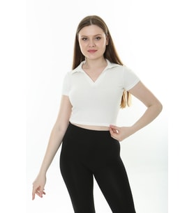KADIN POLO YAKA CROP ,FİTİLLİ KAŞKORSE CROP T-SHIRT