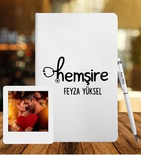 Kişiye Özel Hemşire Tasarımlı Beyaz Defter Kalem & Instagram Çerçeve Hediye Seti