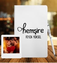 Kişiye Özel Hemşire Tasarımlı Beyaz Defter Kalem & Instagram Çerçeve Hediye Seti