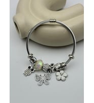 Çelik Silver Taşlı Baykuş Kelebek Beyaz Çiçek Charmlı Pandora Bileklik - 26blk49