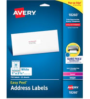 Avery Kolay Soyulabilir Basılabilir Adres Etiketleri, Emin Besleme, 1" X 2-5/8", Beyaz, 750 Boş Gönd
