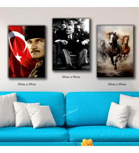 atatürk mustafa kemal bayraklı tablo 3 adet 35cmx50cm kumaş baskılı canvas tablo