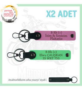 Hız Tutkunlarına Özel, İsim Plaka ve B Rh (+) Kan Grubu Yazılı Deri x2 Anahtarlık, Pembe-F Yeşil-Syh