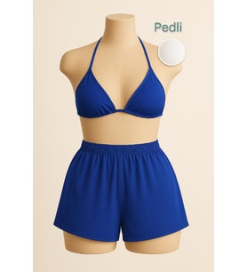 Kadın Mavi Şortlu Belden ve Boyundan Bağlamalı Bikini Takımı