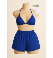 Kadın Mavi Şortlu Belden ve Boyundan Bağlamalı Bikini Takımı
