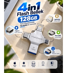 128GB Taşınabilir 4in1 Flash Bellek iPhone iPad Android Tablet Mac Bilgisayar Uyumlu