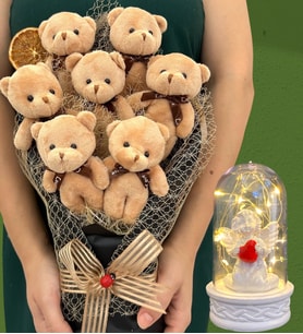 Büyük Boy 7'li Tasarım Peluş Ayıcık Buketi ve Led Işıklı Beyaz Melekli Fanus (Model 2)